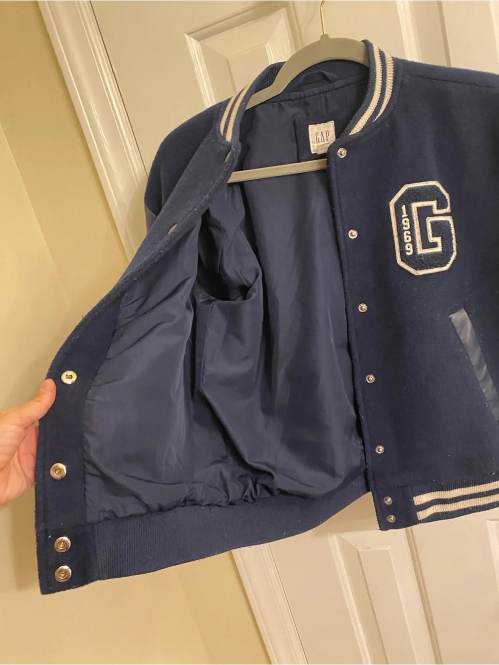 GAP KIDS SIZE LARGE NAVY BLUE WOOL LETTERMAN JACKET FAUX LEATHER SLEEVES LARGE